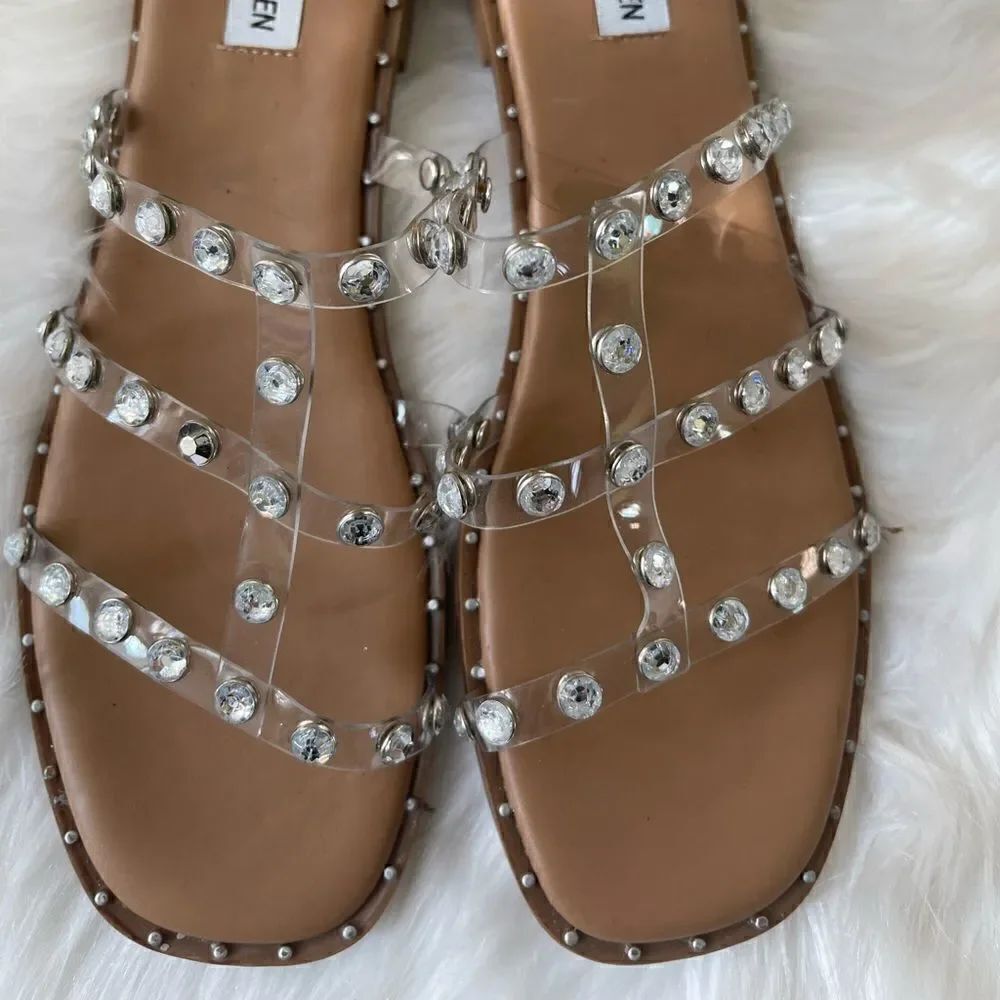 Steve Madden Lynda clear crystal straps sandals slip on square toe size 9M
